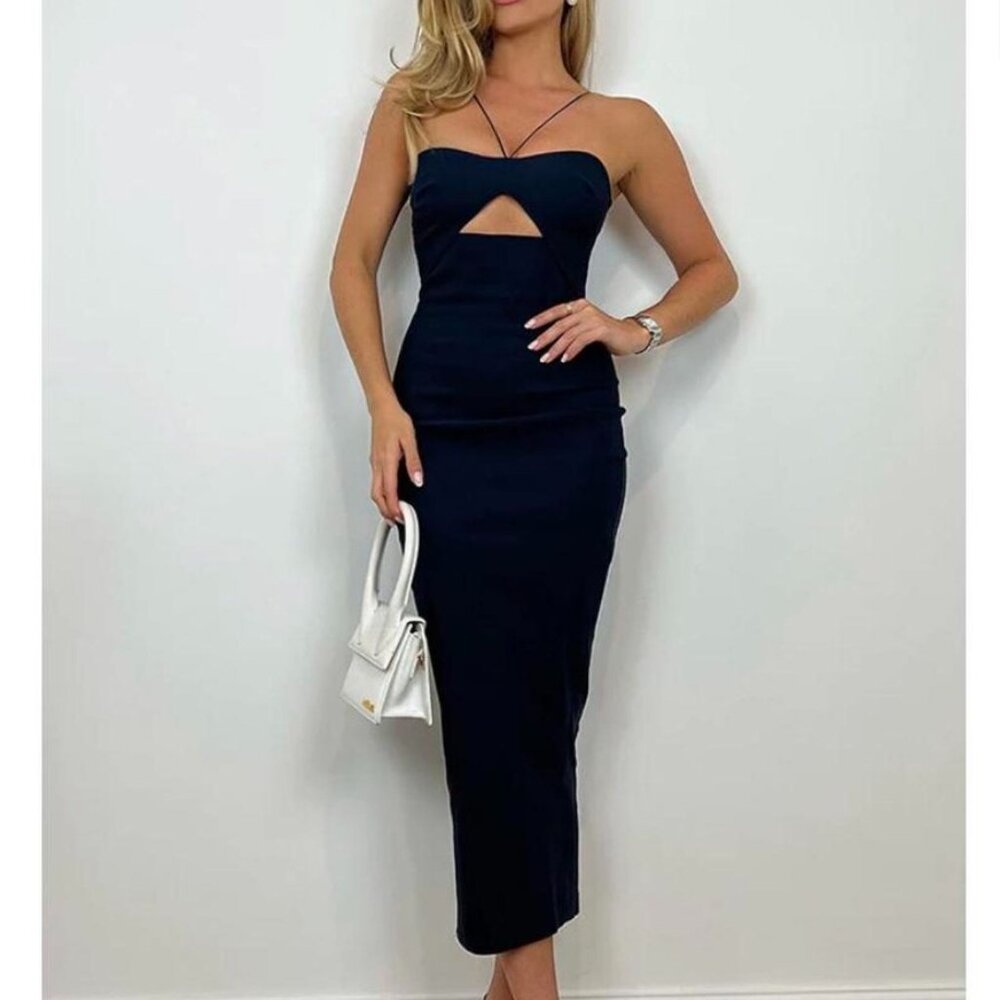 Vesper Elegant Navy Blue Body Con Maxi Dress with Gold Zipper
